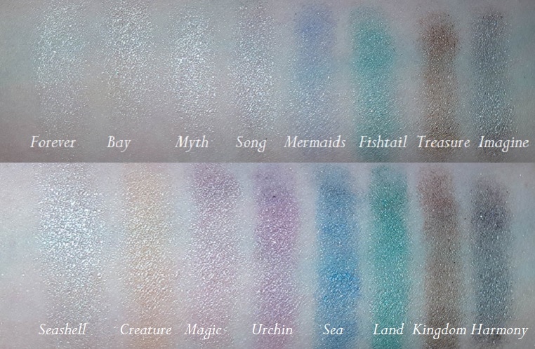 Swatch ersten beiden Reihen der Mermaid Forever Palette von MakeUp Revolution Swatch der ersten beiden Reihen der Mermaid Forever Palette von MakeUp Revolution