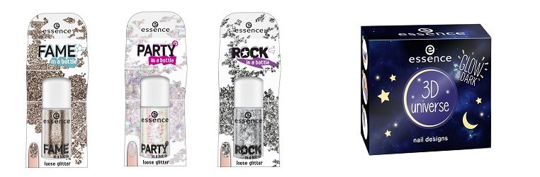 essence Glitzerpartikel party, fame, rock in a bottle + 3D universe nail designs