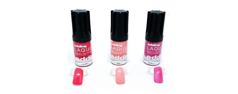 Edding Nagellacke rock it red & Pink Punch & pastel peach mit Swatches