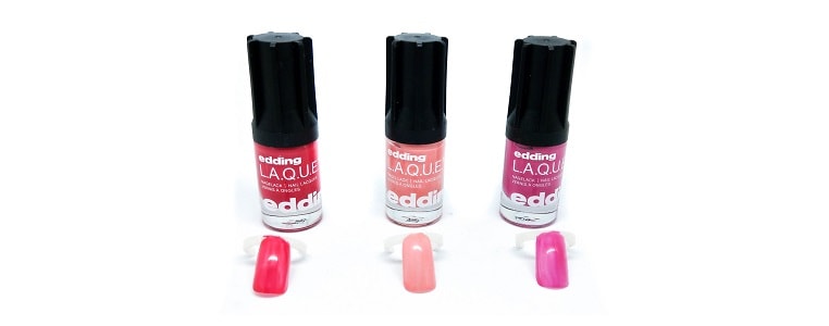 Edding Nagellacke rock it red & Pink Punch & pastel peach mit Swatches Edding Nagellacke rock it red & Pink Punch & pastel peach mit Swatches